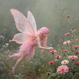 symmetry!! one pink beautiful fairy with wings and flowing hair exploring her flower garden, style of tom bagshaw, extremely detailed, muted colors, negative space