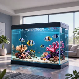 realistic designed photo of the big modern room as aquarium with a beautiful fishes and corals, realistic colors, realistic shadows, daylight made by blender and cinema 4 d, 3 d