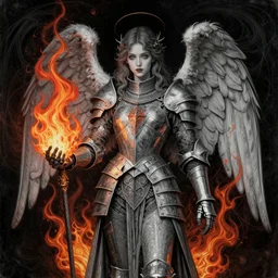 Angel knight gothic girl. By Rembrandt painting (1667), fractal flame, intricate colored line drawings, highly detailded