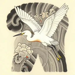 a flying egret, traditional japanese tattoo illustration by hiroshige