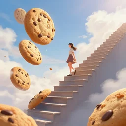 A girl walking up a tall stairway of giant chocolate chip cookies into sky, trending on artstation, digital art, highly detailed,