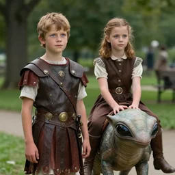 sharp, highly detailed, film from a 2 0 1 9 sci fi 8 k movie, time travelers appear in a park, a boy from the roman empire and a girl from an alternate 1 8 5 0 who is riding on the back of a small alien creature, each wearing correct era clothes, atmospheric lighting, in focus, reflective eyes, live action, 3 5 mm macro lens, nice composition