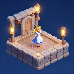 alice in wonderland ride isometric 2. 5 d game level, myvmk, with detailed stone, clean, cartoon, lanterns, pixar, disney, toon shader, arnold maya render, unreal engine, artgerm, artstation by miha rinne