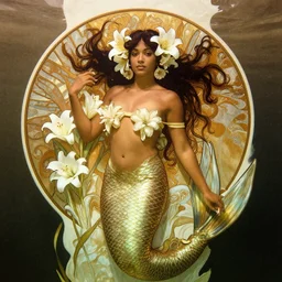 film still, eastman exr 5 0 d 5 2 4 5 / 7 2 4 5, underwater photography full body portrait of a dark skin mermaid haitian goddess, white lilies, intricate, sensual features, daylight, highly detailed, artstation, smooth, sharp focus, warm lighting, illustration, by by andrei riabovitchev, by peter mohrbacher, by gustave dore, by maxfield parrish, by alphonse mucha