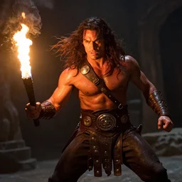 film still from conan the barbarian, jason momoa as conan in the catacombs of evil, torch light, fantasy armor, volumetric lighting, wet skin and windblown hair, muscular!!!, battle action pose, ridley scott, high contrast