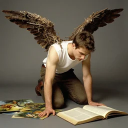 an attractive young man is wearing on his back fake wings made from twigs. he is kneeling down on the floor, looking desperately at a few open books, fantasy painting by norman rockwell