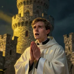 Close-up of a terrified catholic priest in his twenties fervently praying at the top of a medieval tower. He is looking horrified as a yellow shadow descends upon him from the night sky. Dramatic lighting. Award-winning digital art, trending on ArtStation