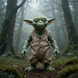 yoda with very long!!! arms and legs standing in a forest with fog, realism, moody lighting, extreme long shot