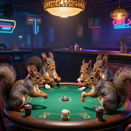 gray squirrels playing poker inside a cyberpunk bar in the style of jean - francois millet.