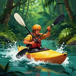 jungle kayaking splash art graphic design color splash high contrasting art, fantasy, highly detailed, art by greg rutkowski