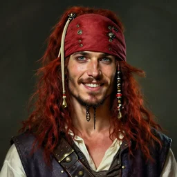 portrait of a young ruggedly handsome but joyful pirate, male, masculine, upper body, red hair, long hair, d & d, fantasy, sharp features, intricate, elegant, highly detailed, digital painting, artstation, concept art, matte, sharp focus, illustration, art by artgerm and greg rutkowski and alphonse mucha