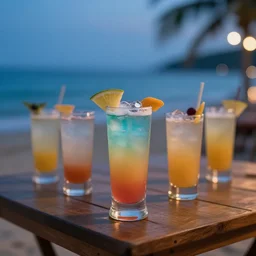 5 5 mm photo of best cocktail on a wooden table at a beach at night. dof. bokeh. magical atmosphere highly detailed 8 k. intricate. lifelike. soft light.
