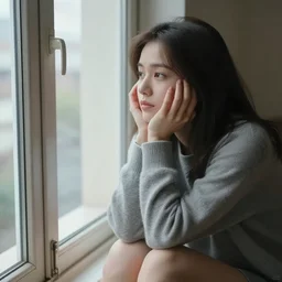a woman sitting on a window sill looking out the window, hands holding her face, grey sweater, a stock photo by chen jiru, tumblr, aestheticism, movie still, pretty, pixiv