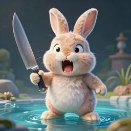 a character sheet of a cute fluffy bunny rabbit with an insane expression, standing in a pool of water, holding a large kitchen knife. character concept art, intricate highly detailed 8 k, trending on artsy, surreal portrait photography, preston blair, tex avery, chuck jones, trending on juxtapoz magazine