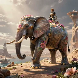 a hybrid robot elephant, floral! horizon zero dawn machine, on socotra island, intricate, elegant action scene, an epic fantasy, artgerm and greg rutkowski and alphonse mucha, an epic fantasy, volumetric light, detailed, establishing shot, an epic fantasy, cinematic, photorealistic, ultrarealistic, trending on art station, octane render, midsommar