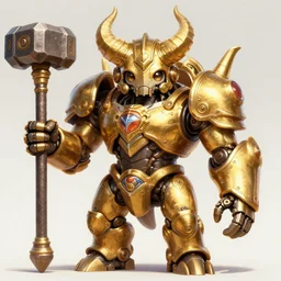 a highly detailed illustration of gentle mighty colossal golden fighting horned mechanical steampunk titan with a hammer hand, with cute doting eyes, intricate, elegant, highly detailed, centered, digital painting, artstation, concept art, smooth, sharp focus, league of legends concept art, magic the gathering, wlop.