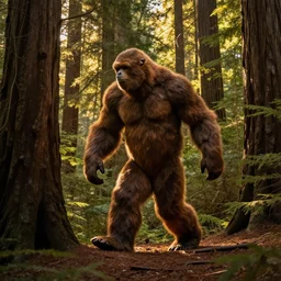 bigfoot walking in the california redwoods, golden hour, award winning photography, 2 0 0 mm, f 2. 8, 8 k
