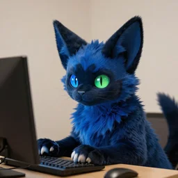 a blue - and - black male catbat fursona with blue / green heterochromatic eyes ( differently - colored eyes ) and huge bat ears, photo of the catbat streaming on his computer