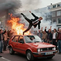2 4 mm color photograph of geert wilders flipping over volkswagen golf in amsterdam while angry mob is shouting, fire, smoke, atmospheric lighting, by joel meyerowitz, by saul leiter