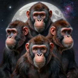 symmetry!! ultra realistic portrait of primates! cover art! moon and galaxy in background!, intricate, elegant, highly detailed, digital painting, artstation, concept art, smooth, sharp focus, illustration, art by artgerm and ross tran and greg rutkowski and alphonse mucha, 8 k