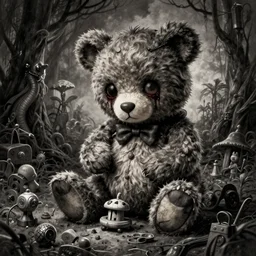 dark art cartoon grunge drawing of a teddy bear playing with toys with bloody eyes by tim burton - loony toons style, horror theme, detailed, elegant, intricate, trending on art station
