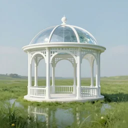 white gazebo in the middle of a calm meadow, glass crystal reflective architecture, sci-fi concept art painting