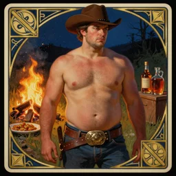 a dramatic, epic, ethereal painting of a handsome thicc shirtless cowboy with a beer belly wearing a large belt | background is a late night campfire with food and jugs of whisky | homoerotic | tarot card, art deco, art nouveau | by Mark Maggiori | trending on artstation