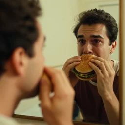 a man with a face of a hamburger staring at himself in the mirror, while crying, canon 5 0 mm, cinematic lighting, photography, retro, film, kodachrome, closeup