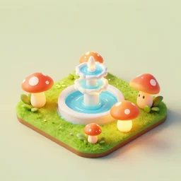 isometric view of 3 d play - set : : glowing rosalina mushrooms around short fountain : : stylized 3 d