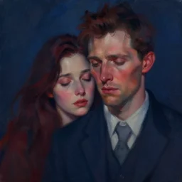 portrait of a hurt man and a dark hair woman, intimate, eyes closed, faded shades of dark blue and red, pretty face, sharp eyes, rule of thirds, delicate suit, spotlight, by jeremy mann, by francoise nielly, by van gogh, digital painting