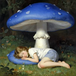 A girl sleeping under a giant blue toadstool, artist Normal Rockwell,