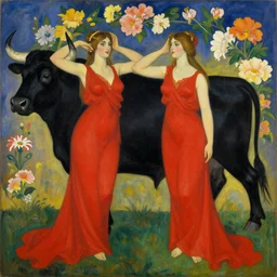 highly detailed painting of gemini goddesses wearing red gowns in front of a black bull framed with flowers by tamara de lempicka