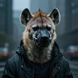 new york city portrait of furry anthro anthropomorphic spotted hyena crocuta head animal person fursona wearing clothes strange cybernetic muzzle gloomy rainy screenshot from the video game cyberpunk 2077 digital art by Greg Rutkowski, Simon Stalenhag, christopher nolan trending on Artstation, CGSociety