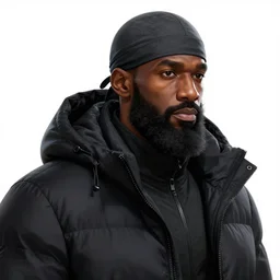 concept art render of a handsome black athlete with a big beard wearing a dark gray durag and a black puffer winter coat, beautiful, fantasy, white background, cinematic lighting, artstation, trending, highly detailed, focus, smooth, by studio ghibli, rossdraws, hirohiko araki, conrad roset, yoshitaka amano