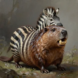 Medieval mythical creature - hybrid of beaver and zebra, having zebra beautiful body and beaver head with big and scary tooth, oil on canvas, fantasy, digital painting, concept art, smooth, sharp focus, illustration, artstation trending, octane render, unreal engine, witcher 3