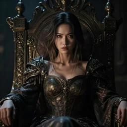 a closeup photorealistic dramatic fantasy render of a strong fierce beautiful young asian queen with medium length hair sitting on her throne by wlop, artgerm, greg rutkowski, alphonse mucha, beautiful dynamic dramatic dark moody lighting, shadows, cinematic atmosphere, artstation, concept design art, hyper detailed, hyperrealism, intricate, octane render, 8 k