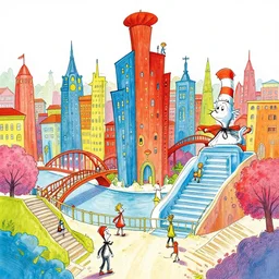 city scape, colorful kids book illustration by dr seuss, with towers, bridges, stairs