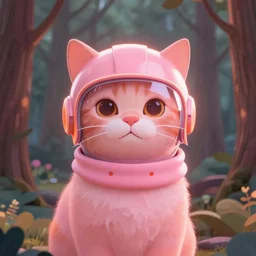 a cat with a helmet on the woods, digital art, pink and orange neon tones, octane render, cinematic lighting