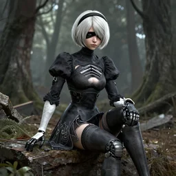 hyper - realistic!!! detailed render of a android - girl!!! sitting on the edge of a ruin in a forest in the style of nier automata by yoko taro!!!, detailed face, medium shot, very high details, 3 d render, maya