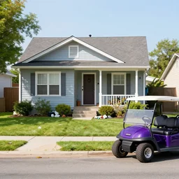 run down house with trash in front of it with purple golf cart parked on street.