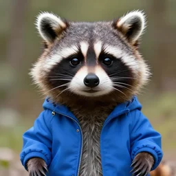 anthropomorphic racoon, chibby, male, blue jacket
