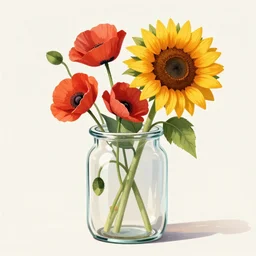 botanical illustration of poppies and sunflowers in a glass jar