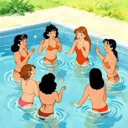 girls having fun in the swimming pool, illustration by Milo Manara