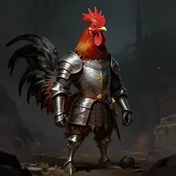 flamboyant rooster wearing medieval suit of armor, illustration, concept art, art by wlop, dark, moody, dramatic