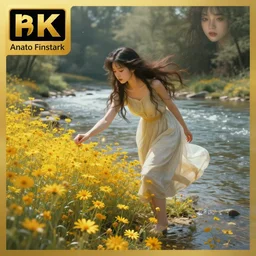 ( poster of a girl picking golden flowers from a riverbed. ) by anato finnstark, dream, full body portrait, dynamic lighting, beautiful, trending on artstation, wallpaper, 4 k, award winning, digital art, very detailed faces