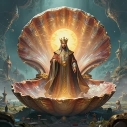 symetrical, a majestic photograph of the king of agharta, land of advanced races, giant, hollow earth infographic, illustrations, a big shell with a sun in the interior, dynamic lighting, digital art, fantastically beautiful, illustration,, closeup, aesthetically inspired by leonardo da vinci, trending on artstation, art by daniel merriam, 8 k, upscale