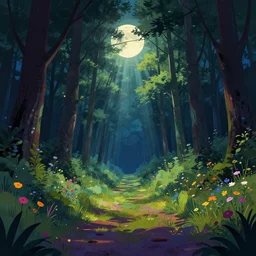 colorful sylvain sarrailh illustration of a dark night view down an empty forest tunnel, brightly illuminated by rays of moon, wildflowers, artstation