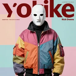 model in plastic samurai mask wearing baggy colorful 9 0 s jacket by rick owens. magazine ad. pastel brutalist background.