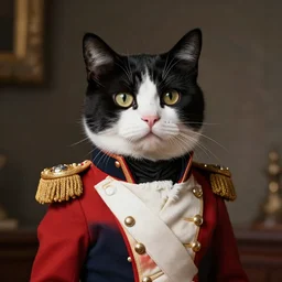 Black and White cat dressed as napoleon in full dress uniform, hyper realistic, photorealistic, extremely detailed fur, octane render, 8k, intricate details, 18th century painting