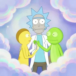 post - minimalism portrait of rick & morty, top down view, lizard king / queen forgiveing, iridescent clouds, vibrant color scheme, highly detailed, in the style of romanticism, cinematic, artstation, moebius, greg rutkowski